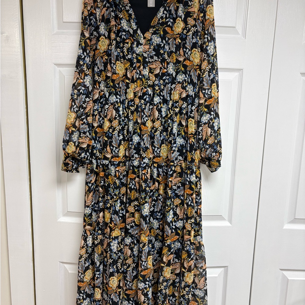 Lucky Brand Black and Yellow Floral Long Sleeve Dress
